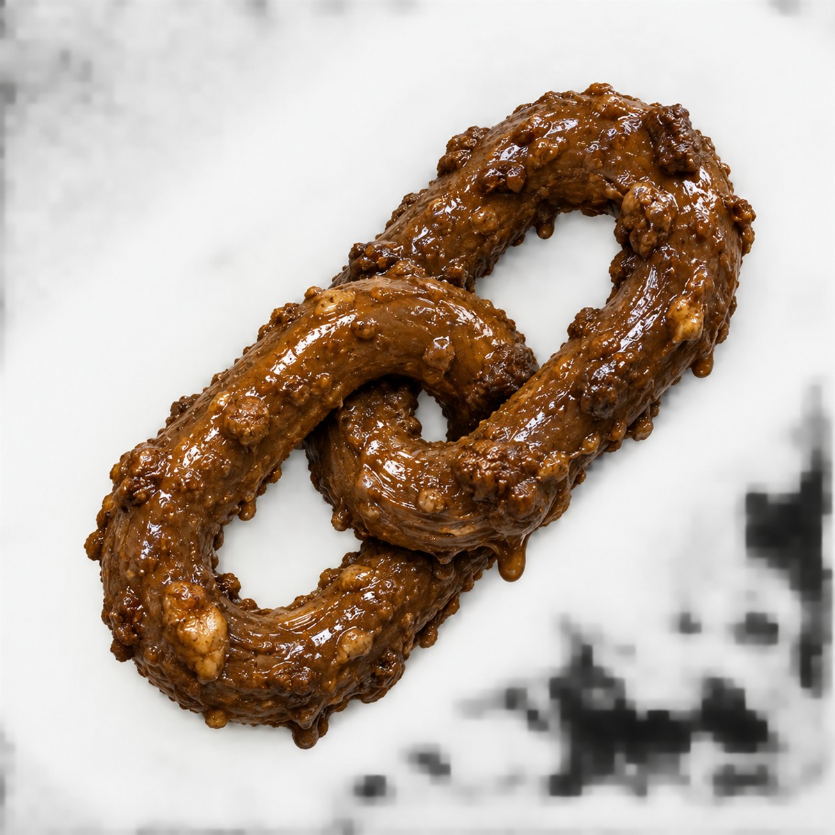 Two strange glossy brown links intertwined on a hazy background